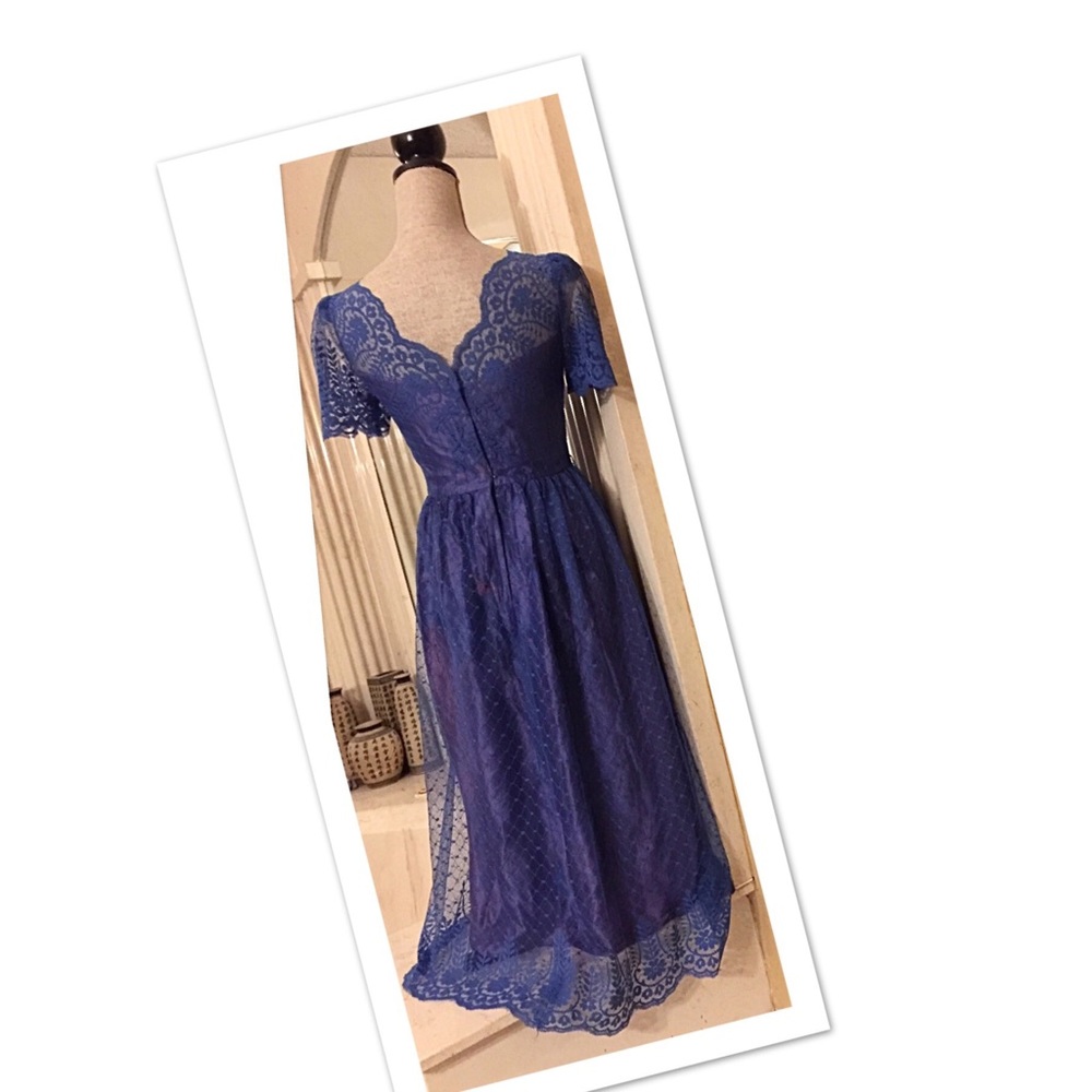 Vintage Blue Lace Pinup Formal Dress Pennys 80s S - Picture 2 of 8